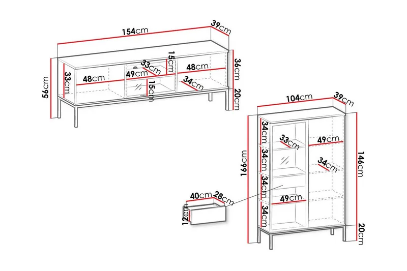 Klinkerville Möbelset Vardagsrum - Tv bänk & Vitrinskåp med Belysning - Svart Trä / Brun / Ribbad / Glas - Möbler - Vardagsrum - Möbelset för vardagsrum
