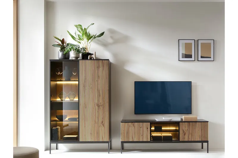 Klinkerville Möbelset Vardagsrum - Tv bänk & Vitrinskåp med Belysning - Svart Trä / Brun / Ribbad / Glas - Möbler - Vardagsrum - Möbelset för vardagsrum