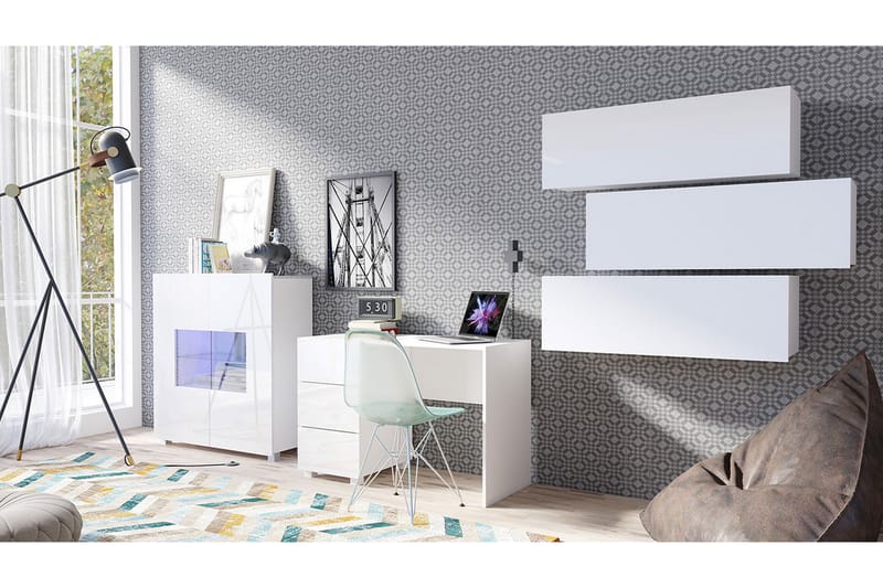 TRACEY Vardagsrumsset, Vit Högglans/Vit Led-Belysning