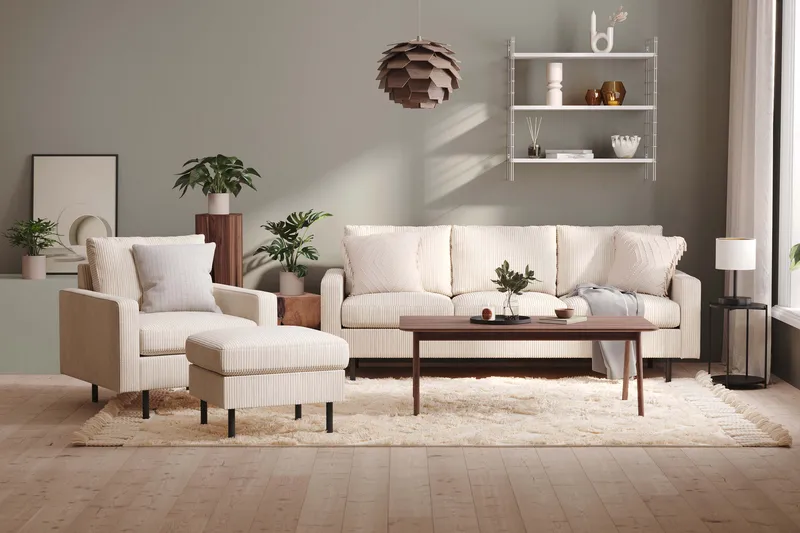 Peppe Soffgrupp 3-sits Soffa + Fåtölj + Fotpall i Manchester - Beige - Möbler - Vardagsrum - Soffgrupper