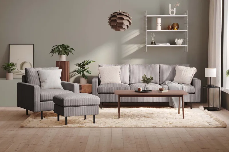 Peppe Soffgrupp 3-sits Soffa + Fåtölj + Fotpall i Manchester - Grå - Möbler - Vardagsrum - Soffgrupper