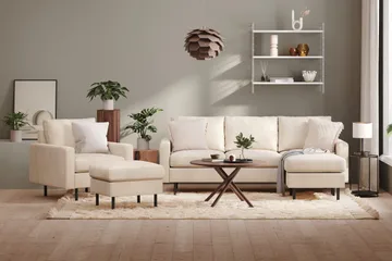 Peppe Soffgrupp 3-sits Vändbar L-formad Divansoffa + Fåtölj + Fotpall i Manchester - Beige - Möbler - Vardagsrum - Soffgrupper