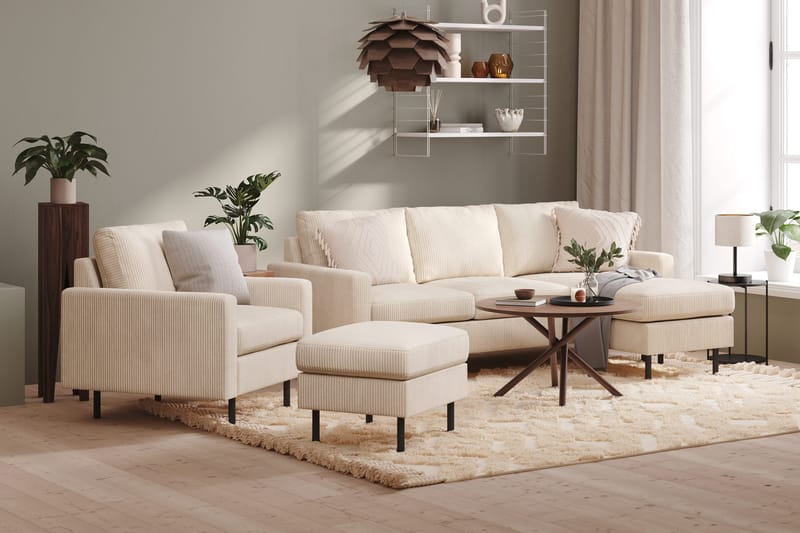 Peppe Soffgrupp 3-sits Vändbar L-formad Divansoffa + Fåtölj + Fotpall i Manchester - Beige - Möbler - Vardagsrum - Soffgrupper