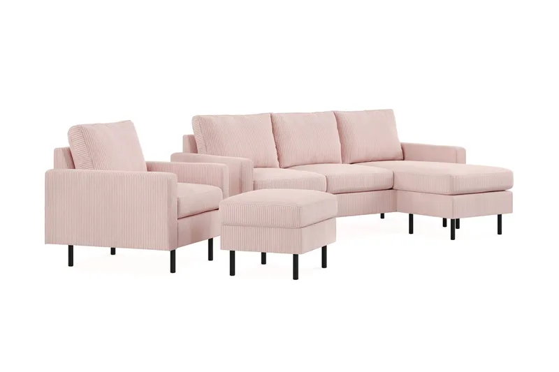 Peppe Soffgrupp 3-sits Vändbar L-formad Divansoffa + Fåtölj + Fotpall i Manchester - Rosa - Möbler - Vardagsrum - Soffgrupper