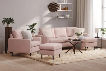 Peppe Soffgrupp 3-sits Vändbar L-formad Divansoffa + Fåtölj + Fotpall i Manchester - Rosa - Möbler - Vardagsrum - Soffgrupper