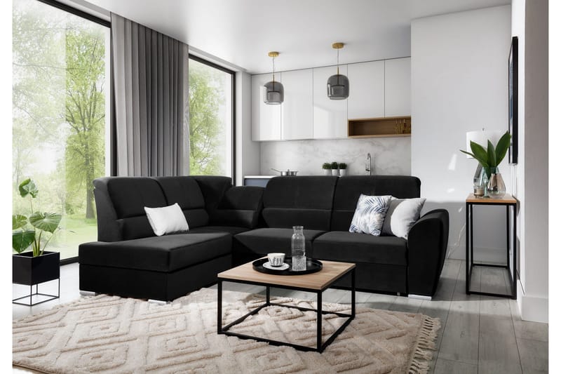 Sajmon Bäddsoffa m. Schäslong 3-sits, Svart