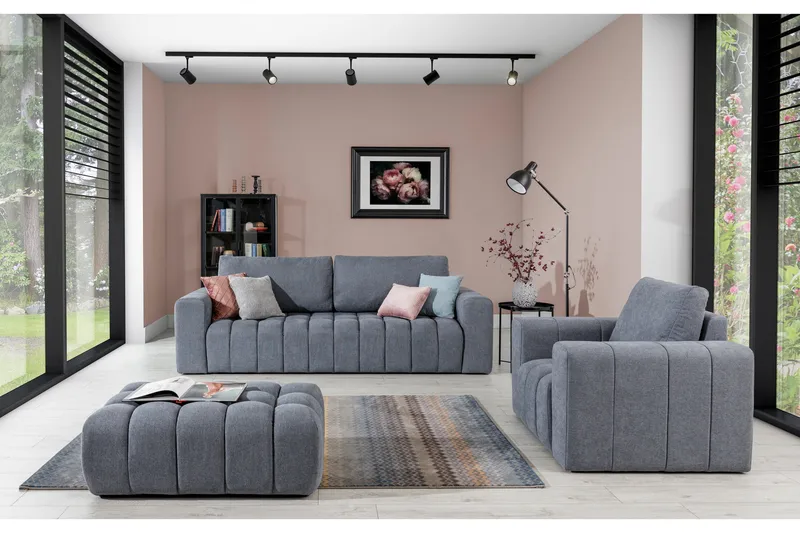 Alazaro Soffgrupp 3-sits + Fåtölj + Pall, Grå