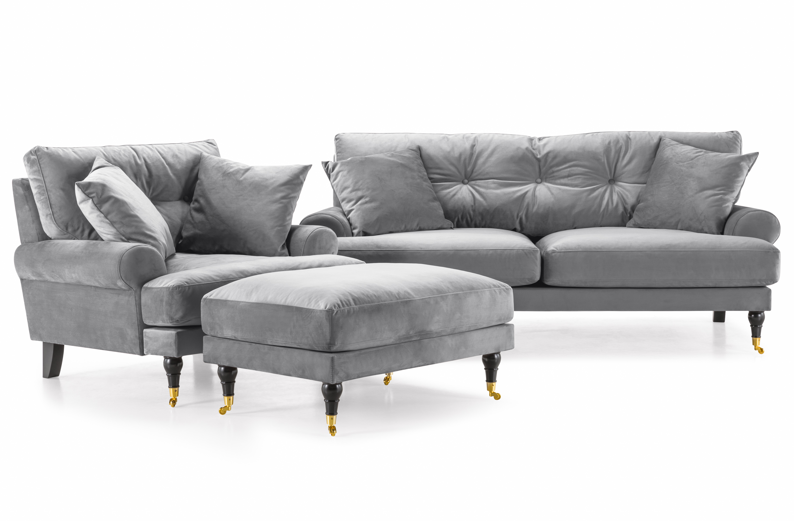 andrew soffgrupp 2-sits soffa + fåtölj + fotpall i sammet - ljusgrå