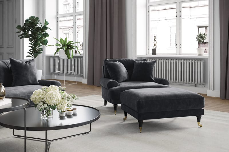 Andrew Soffgrupp 2-sits Soffa + Fåtölj + Fotpall i Sammet - Mörkgrå - Möbler - Vardagsrum - Soffgrupper - Howard soffgrupp