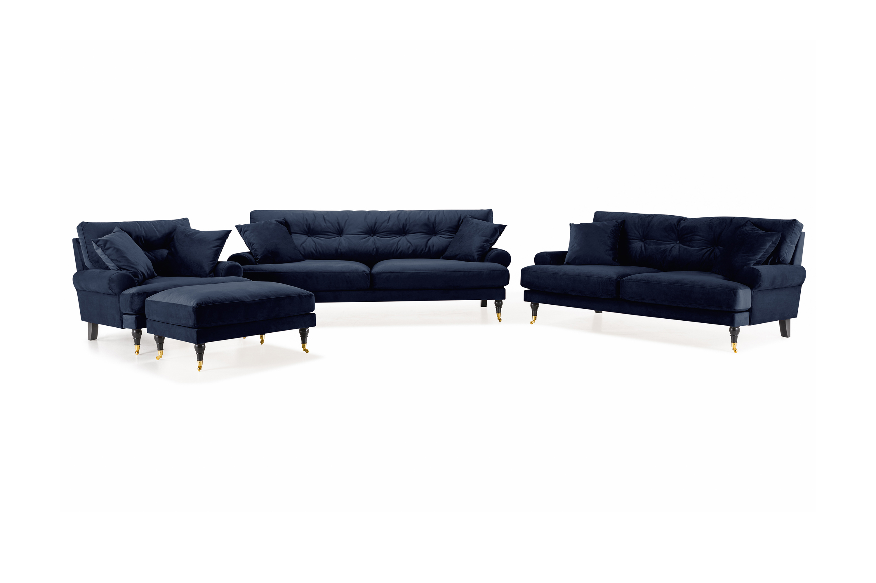 andrew soffgrupp 3-sits + 2-sits soffa + fåtölj + fotpall i sammet - blå