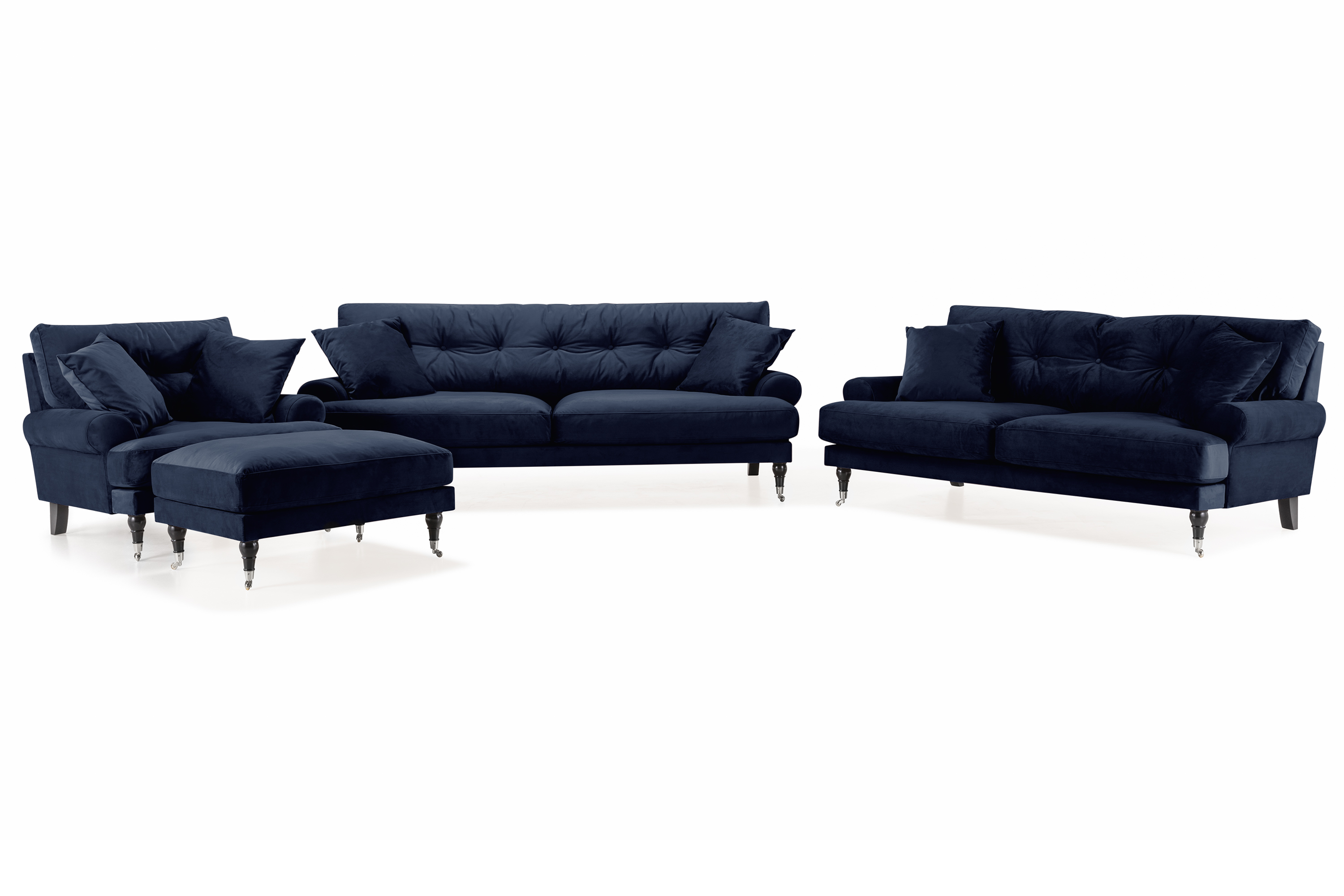 andrew soffgrupp 3-sits + 2-sits soffa + fåtölj + fotpall i sammet - blå