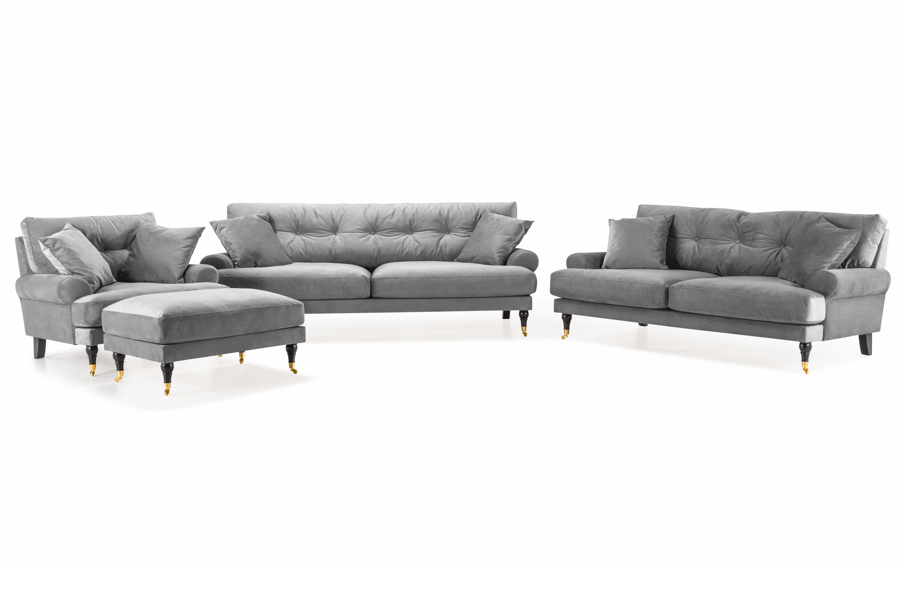 andrew soffgrupp 3-sits + 2-sits soffa + fåtölj + fotpall i sammet - ljusgrå