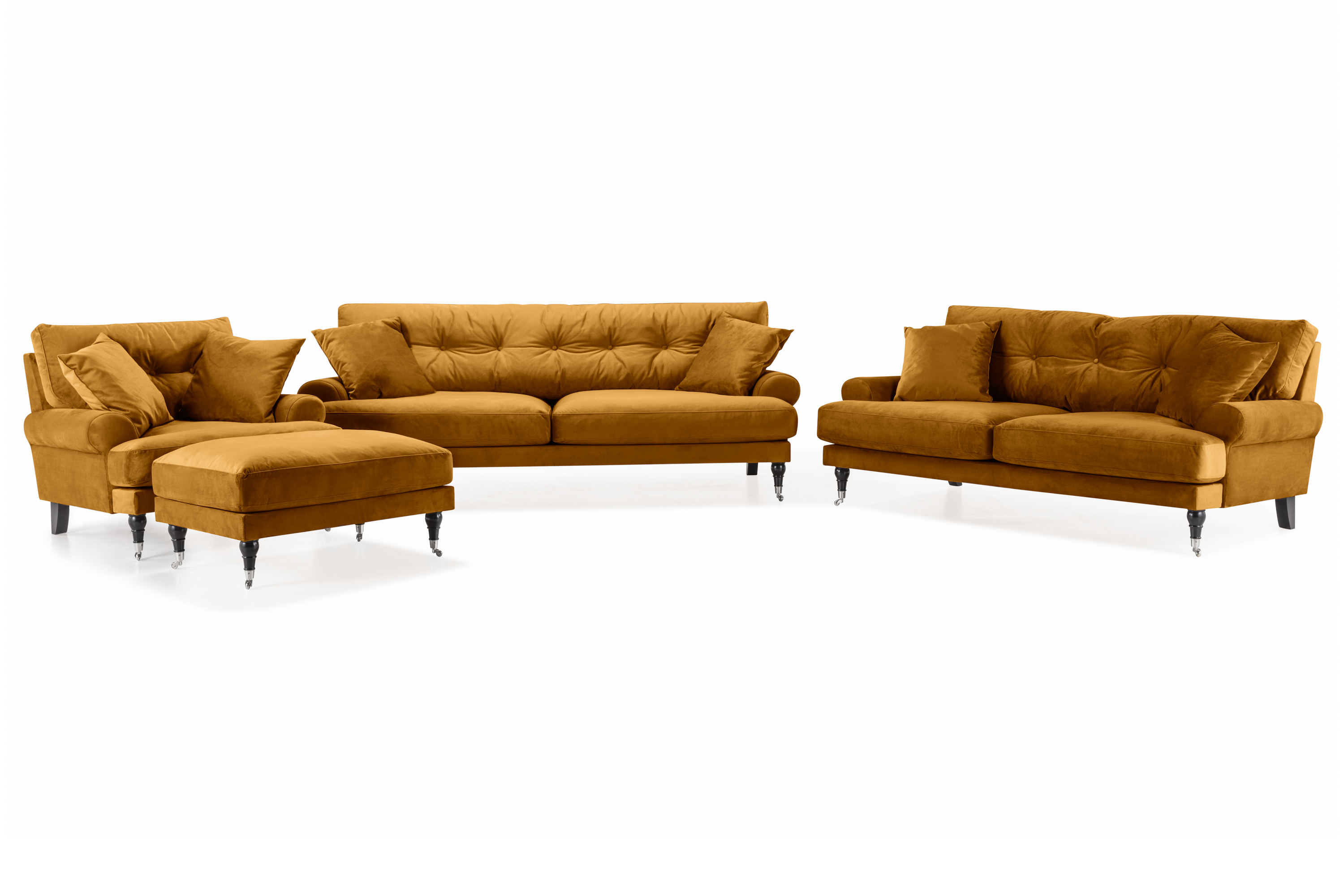 andrew soffgrupp 3-sits + 2-sits soffa + fåtölj + fotpall i sammet - mörkgul