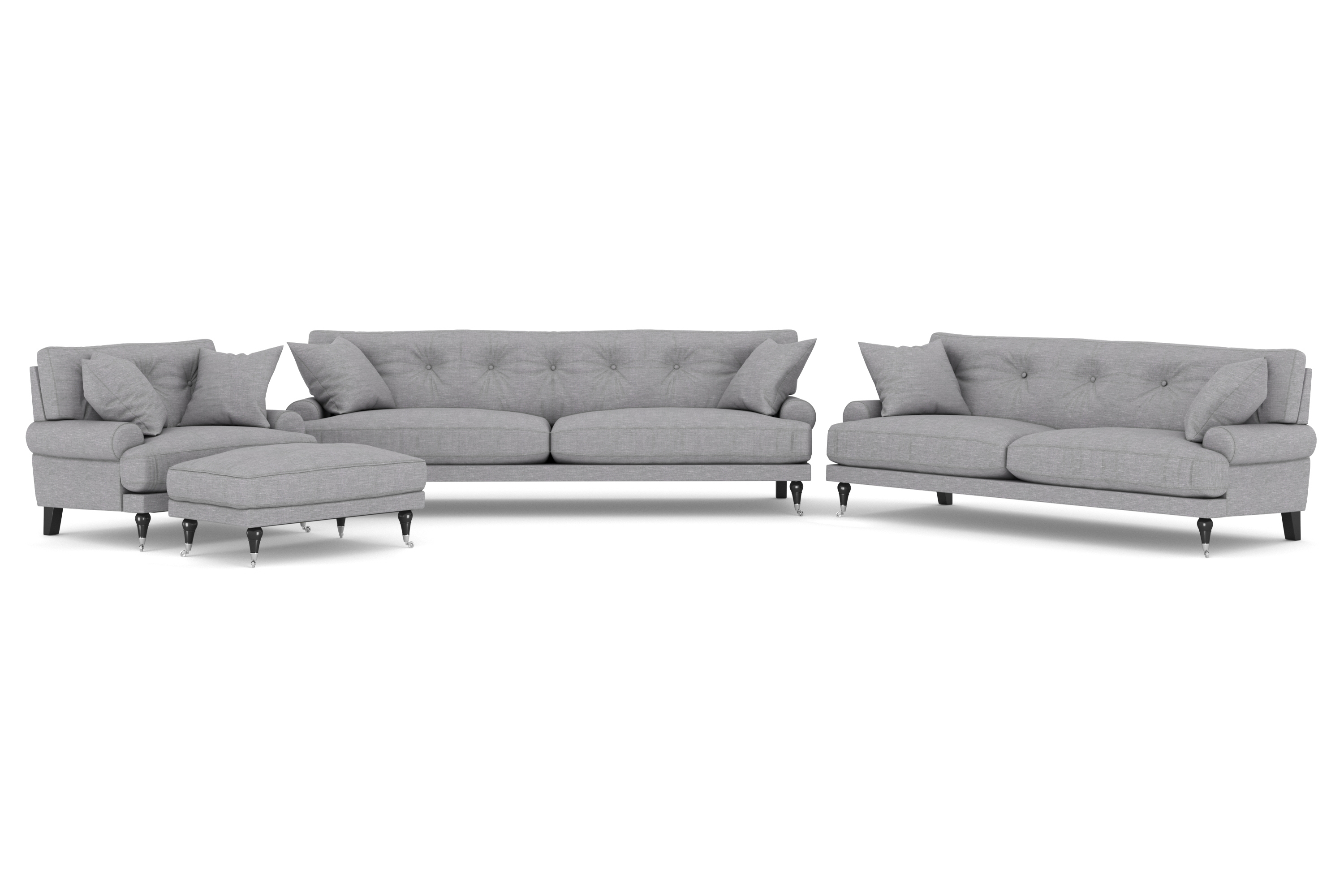andrew soffgrupp 3-sits + 2-sits soffa + fåtölj + fotpall i tyg - grå
