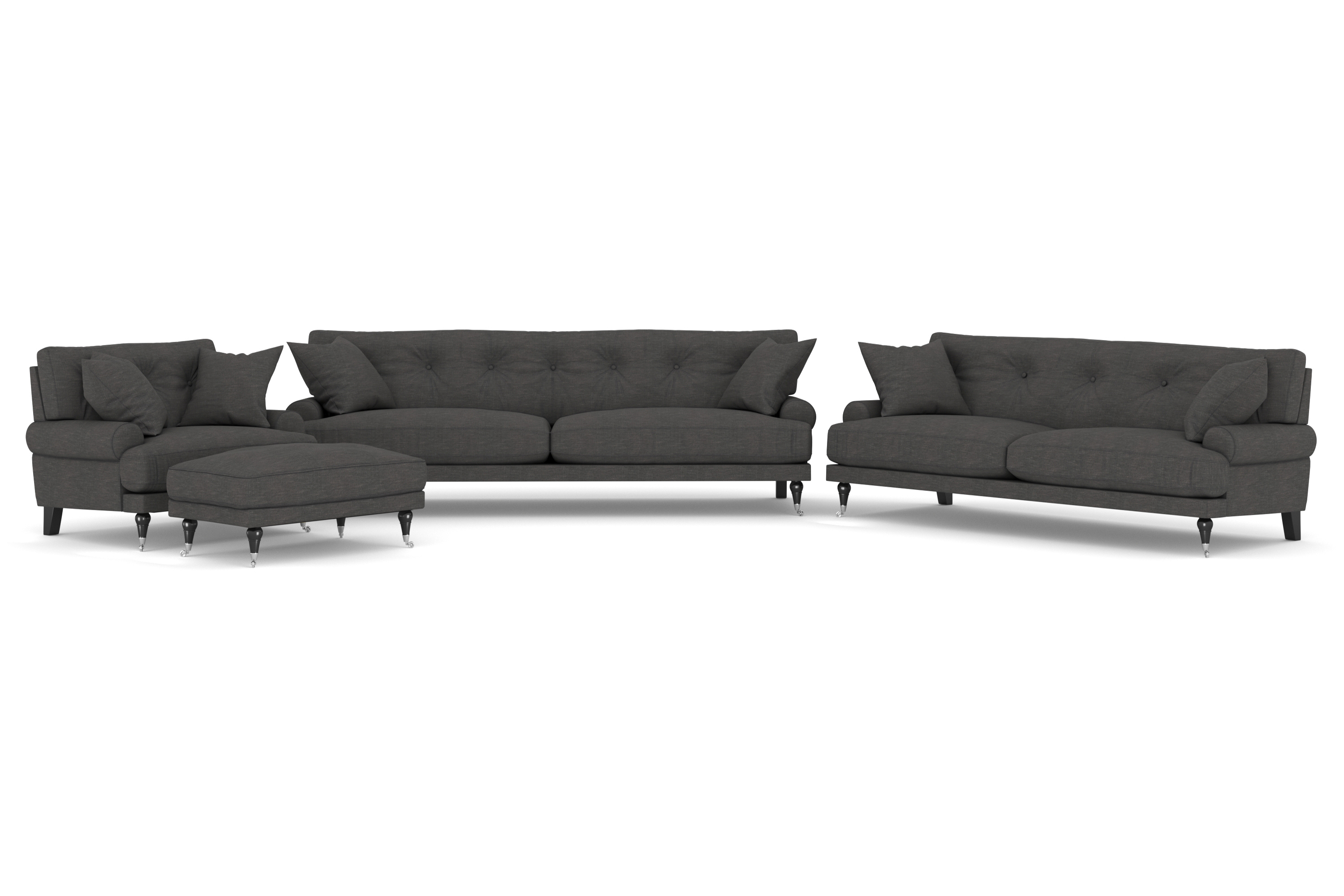 andrew soffgrupp 3-sits + 2-sits soffa + fåtölj + fotpall i tyg - mörkgrå