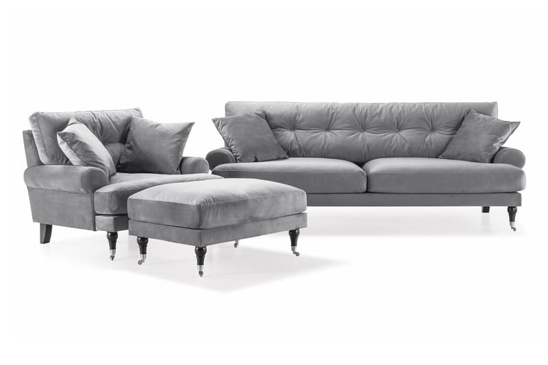 Andrew Soffgrupp 3-sits Soffa + Fåtölj + Fotpall i Sammet - Ljusgrå - Möbler - Vardagsrum - Soffgrupper - Howard soffgrupp