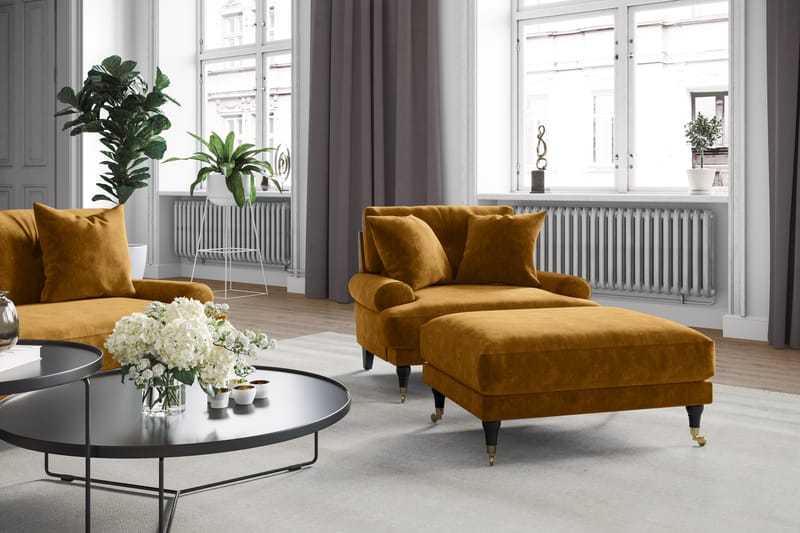 Andrew Soffgrupp 3-sits Soffa + Fåtölj + Fotpall i Sammet - Mörkgul - Möbler - Vardagsrum - Soffgrupper - Howard soffgrupp