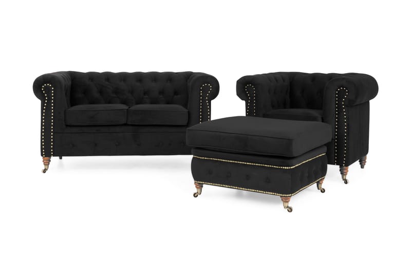 CHESTERFIELD LUX Soffgrupp 2-sits+Fåtölj+Fotpall Sammet - Howard soffgrupp - Soffgrupper