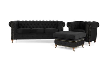 CHESTERFIELD LUX Soffgrupp 3-sits+Fåtölj+Fotpall Sammet