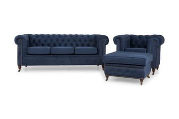 CHESTERFIELD LUX Soffgrupp 3-sits+Fåtölj+Fotpall Sammet