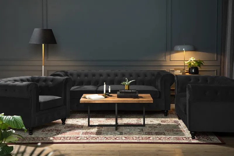 Chesterfield Lyx Modern Soffgrupp 3+2+1 i Sammet - Svart - Möbler - Vardagsrum - Soffgrupper - Chesterfield soffgrupp