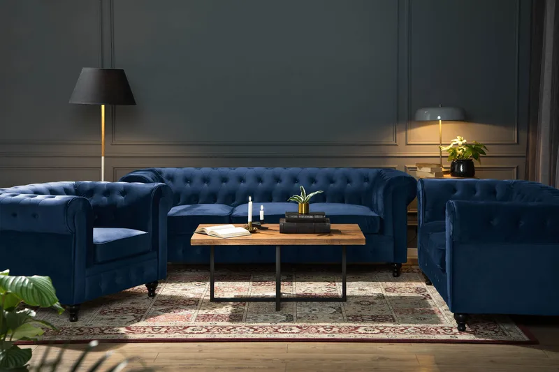 Chesterfield Lyx Soffgrupp 2-sits+3-sits Sammet - Blå - Möbler - Vardagsrum - Soffgrupper - Chesterfield soffgrupp