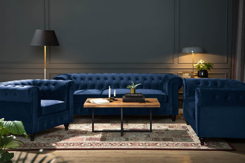 Chesterfield Lyx Soffgrupp 2-sits+Fåtölj Sammet - Blå - Möbler - Vardagsrum - Soffgrupper - Chesterfield soffgrupp