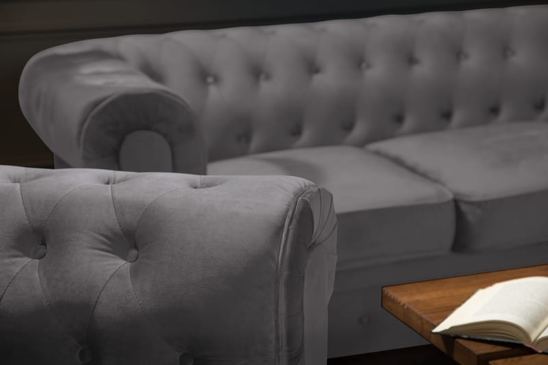 Chesterfield Lyx Soffgrupp 2-sits+Fåtölj Sammet - Grå - Möbler - Vardagsrum - Soffgrupper - Chesterfield soffgrupp