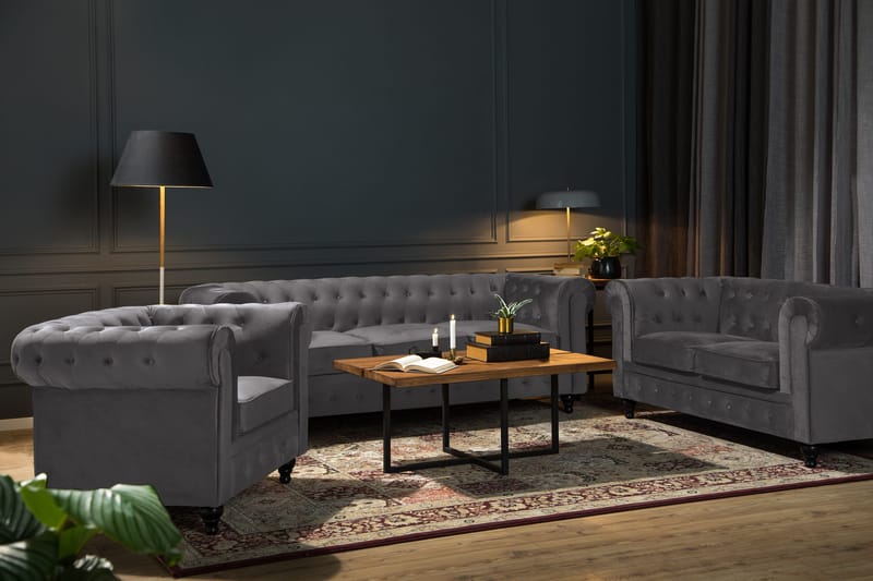 Chesterfield Lyx Soffgrupp 2-sits+Fåtölj Sammet - Grå - Möbler - Vardagsrum - Soffgrupper - Chesterfield soffgrupp