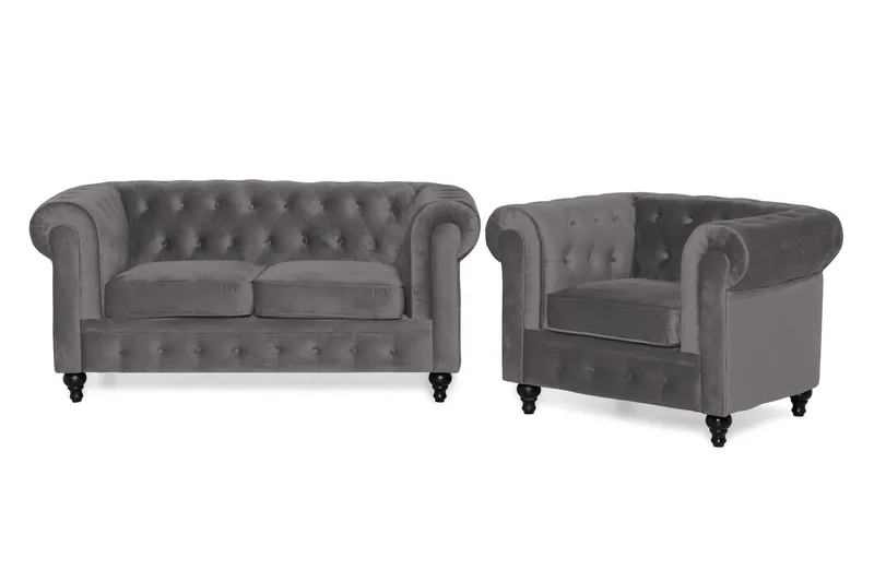 Chesterfield Lyx Soffgrupp 2-sits+Fåtölj Sammet - Grå - Möbler - Vardagsrum - Soffgrupper - Chesterfield soffgrupp