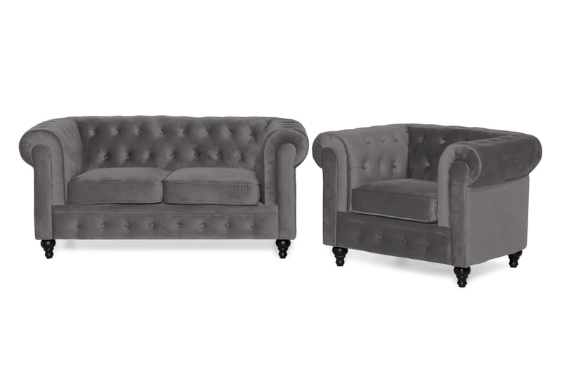 Chesterfield Lyx Soffgrupp 2-sits+Fåtölj Sammet - Mörkgrå - Möbler - Vardagsrum - Soffgrupper - Chesterfield soffgrupp
