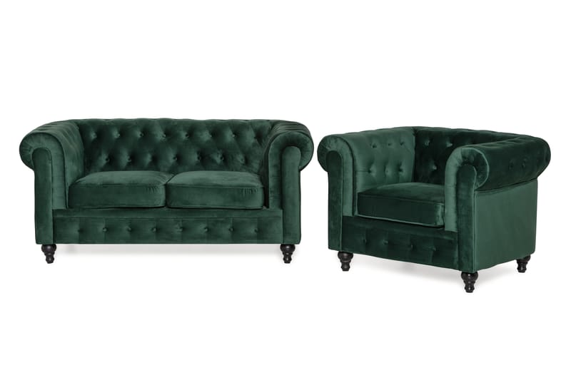 Chesterfield Lyx Soffgrupp 2-sits+Fåtölj Sammet - Mörkgrön - Möbler - Vardagsrum - Soffgrupper - Chesterfield soffgrupp