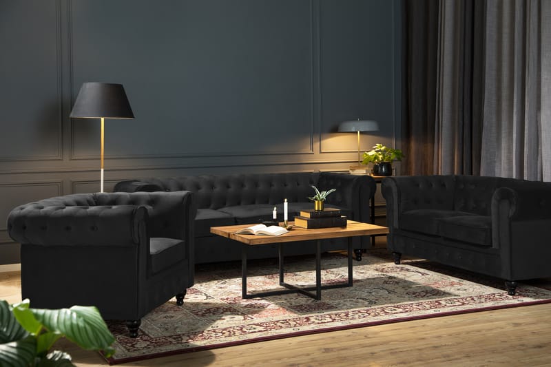 Chesterfield Lyx Soffgrupp 2-sits+Fåtölj Sammet - Svart - Möbler - Vardagsrum - Soffgrupper - Chesterfield soffgrupp