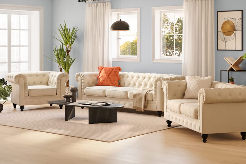 Chesterfield Lyx Soffgrupp 3-sits+2-sits+Fåtölj - Beige - Möbler - Vardagsrum - Soffgrupper - Chesterfield soffgrupp