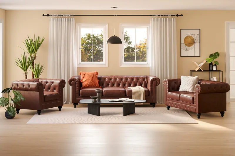 Chesterfield Lyx Soffgrupp 3-sits+2-sits+Fåtölj - Brun - Möbler - Vardagsrum - Soffgrupper - Chesterfield soffgrupp