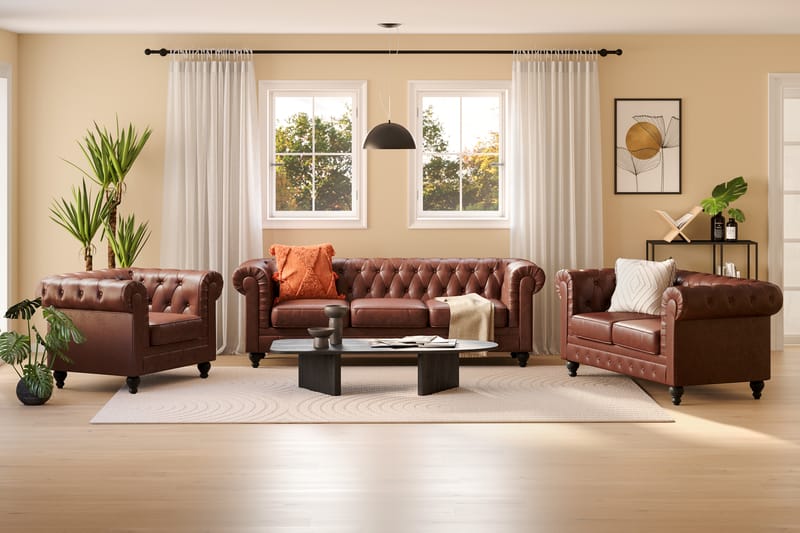 Chesterfield Lyx Soffgrupp 3-sits+2-sits+Fåtölj - Brun - Möbler - Vardagsrum - Soffgrupper - Chesterfield soffgrupp