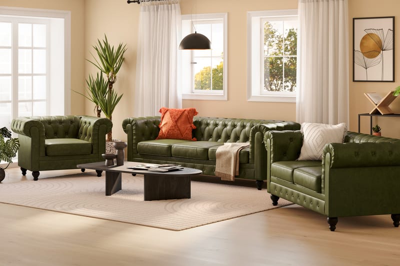 Chesterfield Lyx Soffgrupp 3-sits+2-sits+Fåtölj - Grön - Möbler - Vardagsrum - Soffgrupper - Chesterfield soffgrupp