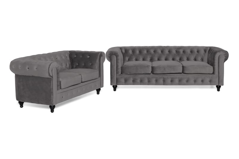 Chesterfield Lyx Soffgrupp 3+2 i Sammet - Mörkgrå / Grå - Möbler - Vardagsrum - Soffgrupper - Chesterfield soffgrupp
