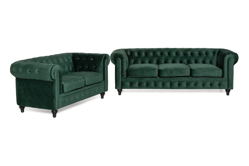 Chesterfield Lyx Soffgrupp 3+2 i Sammet - Mörkgrön / Grön - Möbler - Vardagsrum - Soffgrupper - Chesterfield soffgrupp