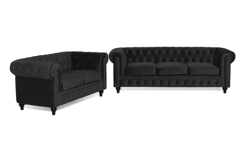 Chesterfield Lyx Soffgrupp 3+2 i Sammet - Svart - Möbler - Vardagsrum - Soffgrupper - Chesterfield soffgrupp
