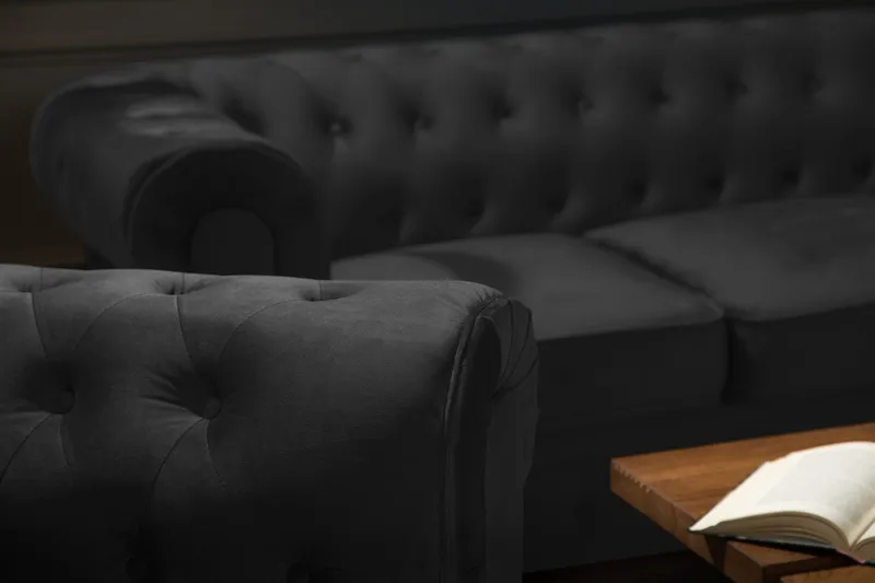 Chesterfield Lyx Soffgrupp 3+2 i Sammet - Svart - Möbler - Vardagsrum - Soffgrupper - Chesterfield soffgrupp
