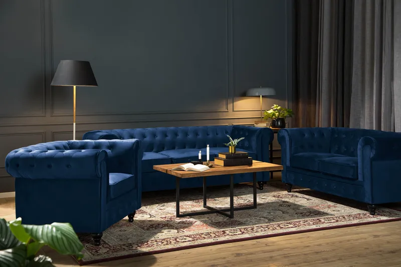 Chesterfield Lyx Soffgrupp 3+2+1 i Sammet - Blå - Möbler - Vardagsrum - Soffgrupper - Chesterfield soffgrupp