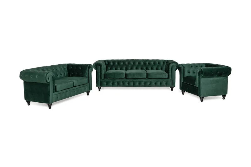 Chesterfield Lyx Soffgrupp 3+2+1 i Sammet - Grön - Möbler - Vardagsrum - Soffgrupper - Chesterfield soffgrupp