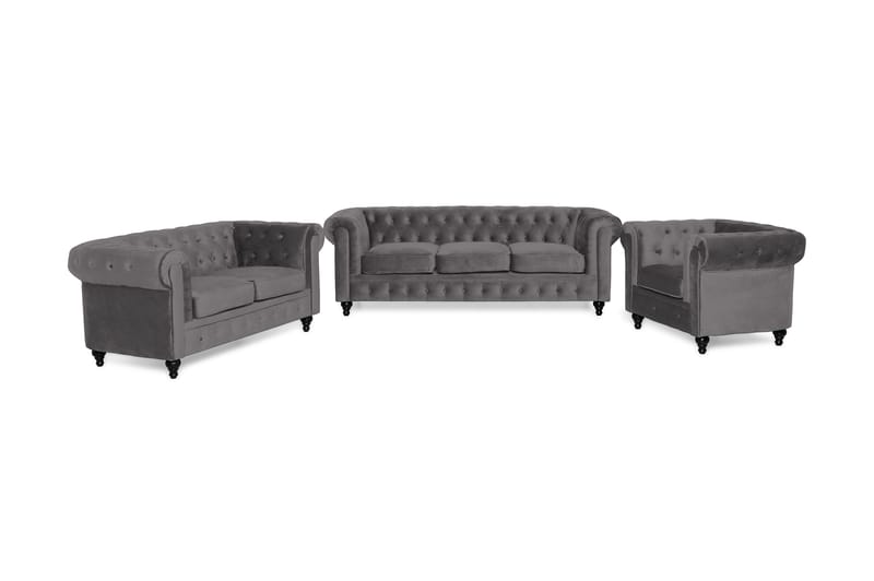 Chesterfield Lyx Soffgrupp 3+2+1 i Sammet - Mörkgrå / Grå - Möbler - Vardagsrum - Soffgrupper - Chesterfield soffgrupp