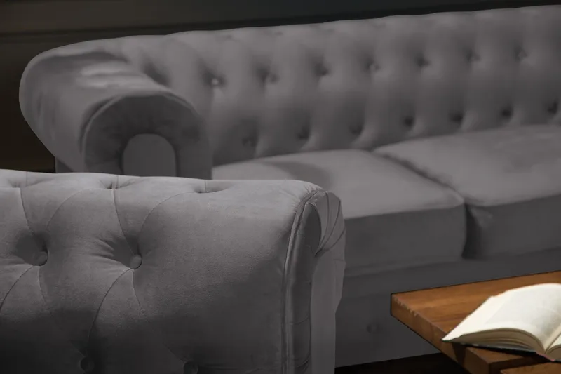 Chesterfield Lyx Soffgrupp 3+2+1 i Sammet - Mörkgrå / Grå - Möbler - Vardagsrum - Soffgrupper - Chesterfield soffgrupp