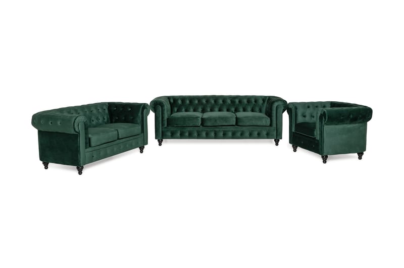 Chesterfield Lyx Soffgrupp 3+2+1 i Sammet - Mörkgrön / Grön - Möbler - Vardagsrum - Soffgrupper - Chesterfield soffgrupp
