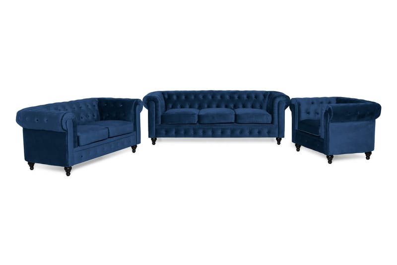 Chesterfield Lyx Soffgrupp 3+2+1 i Sammet - Mörklblå / Blå - Möbler - Vardagsrum - Soffgrupper - Chesterfield soffgrupp