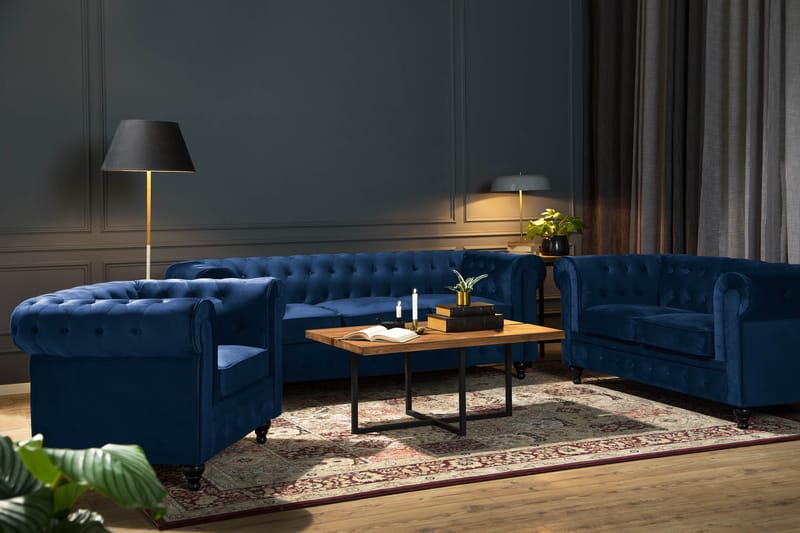 CHESTERFIELD Soffgrupp 2-sits+3-sits+Fåtölj Sammet Blå - Möbler - Vardagsrum - Soffgrupper - Chesterfield soffgrupp
