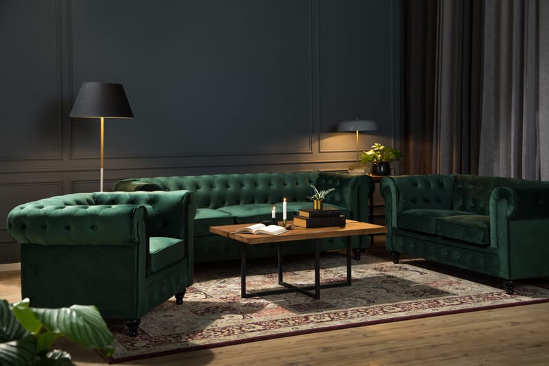 Chesterfield Lyx Soffgrupp 2-sits+Fåtölj Sammet - Grön - Möbler - Vardagsrum - Soffgrupper - Chesterfield soffgrupp