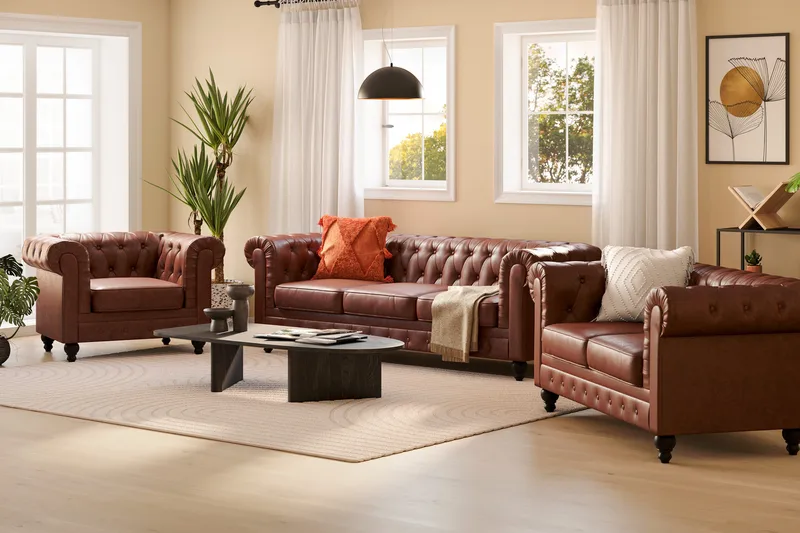 Chesterfield Lyx Soffgrupp 3-sits+2-sits+Fåtölj - Brun - Möbler - Vardagsrum - Soffgrupper - Chesterfield soffgrupp